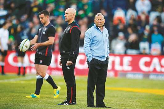 England coach Eddie Jones (right) looks on during the warm up of the second Test against South Africa at the Free State Stadium in Bloemfontein. (AFP)