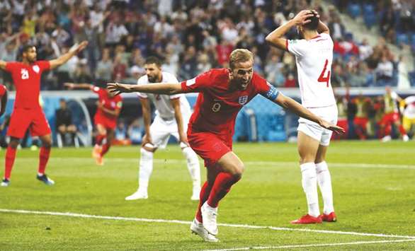 Englandu2019s Harry Kane celebrates after scoring their second goal in the match against Tunisia in Volgograd, Russia, on Monday. (Reuters)