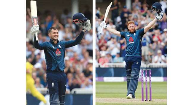 Englandu2019s Alex Hales (left) and Jonny Bairstow celebrate their hundreds during the third One-Day International against Australia at Trent Bridge cricket ground in Nottingham yesterday. (AFP)