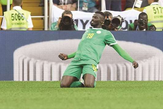 Senegalu2019s Mbaye Niang celebrates a goal during the 2018 FIFA World Cup Group H match against Poland at the Spartak Stadium in Moscow, Russia, yesterday. (AFP)