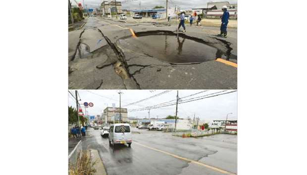 This combination picture shows waterworks officers checking a collapsed road on Monday (top) following an earthquake in Takatsuki, north of Osaka prefecture and vehicles moving on the repaired road yesterday.