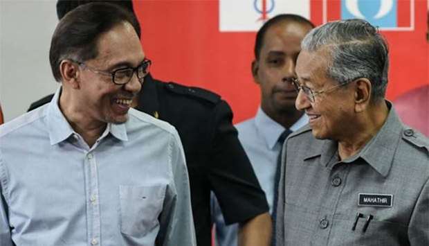 Malaysia's Prime Minister Mahathir Mohamad and politician Anwar Ibrahim (left) leave after a press conference in Kuala Lumpur on Friday.