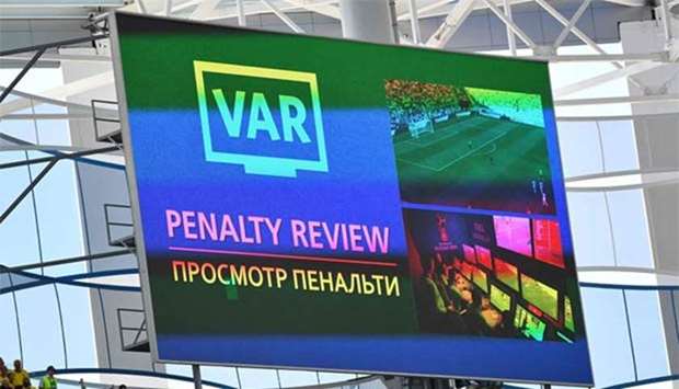 The screen signals a VAR review during the Russia 2018 World Cup Group F match between Sweden and South Korea in Nizhny Novgorod on Monday.
