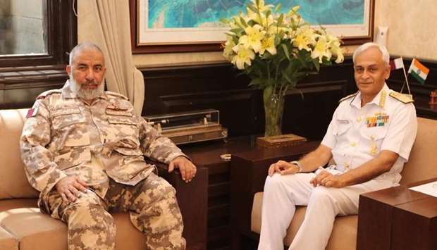 HE the Chief of Staff of Qatari Armed Forces, Lieutenant General (Pilot) Ghanem bin Shaheen al-Ghanim with Admiral Sunil Lanba, Chief of Staff of the Army and Commander of the Indian Navy