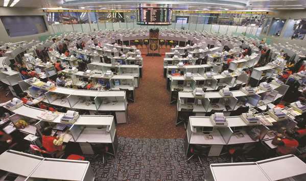A view of the Hong Kong Stock Exchange. The index sank 1.4% to 29,296.05 yesterday.