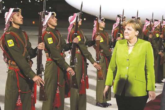 German Chancellor Angela Merkel arrives at the Marka airport in Amman, Jordan.