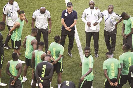 Nigeriau2019s German coach Gernot Rohr (centre) leads a training session in Volgograd yesterday. (AFP)