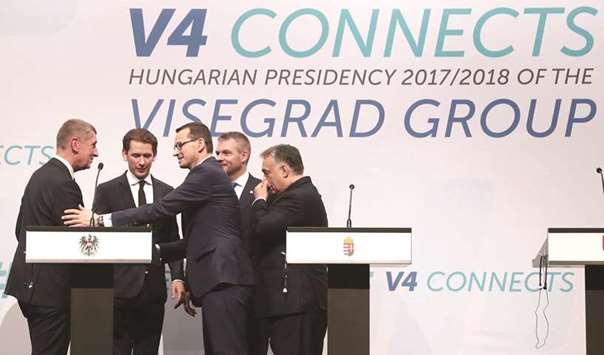 Czech Prime Minister Andrej Babis, Austrian Chancellor Sebastian Kurz, Polish Prime Minister Mateusz Morawiecki, Slovakiau2019s Prime Minister Peter Pellegrini, and Hungarian Prime Minister Viktor Orban are seen during a news conference at a meeting of the Visegrad Group (V4) in Budapest.