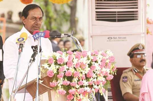 Telangana Chief Minister K Chandrasekhar Rao speaks at an event to celebrate Telangana formation day in Secunderabad yesterday.