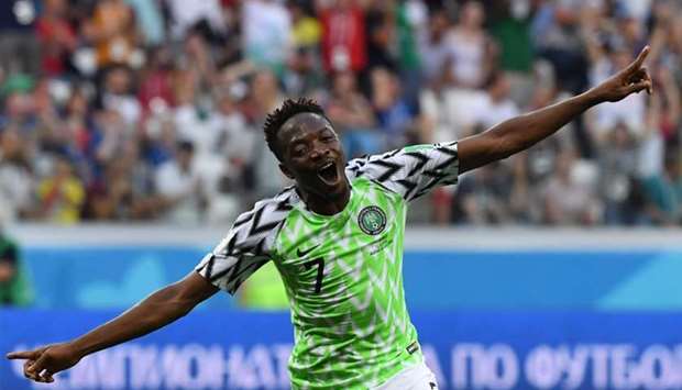 Nigeria's forward Ahmed Musa celebrates after scoring their second goal