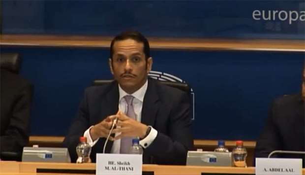 HE the Deputy Prime Minister and Minister of Foreign Affairs Sheikh Mohammed bin Abdulrahman al-Thani speaks before the Foreign Affairs Committee of the European Parliament
