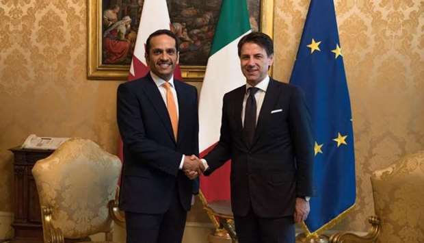 Italian Prime Minister Giuseppe Conte met in Rome on Friday with HE the Deputy Prime Minister and Minister of Foreign Affairs Sheikh Mohamed bin Abdulrahman al-Thani during his visit to Italy. HE Sheikh Mohamed conveyed greetings of His Highness the Amir Sheikh Tamim bin Hamad al-Thani to the Italian Prime Minister, wishing the Italian people more progress and prosperity. For his part, the Italian Prime Minister convey his greetings to the Amir, wishing him health and happiness and the Qatari people further progress, development and prosperity. Discussions during the meeting dealt with bilateral relations and means of boosting them, as well as issues of common interest.