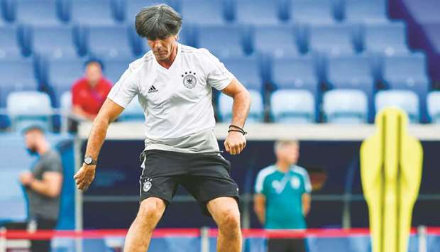 Germany coach Joachim Loew attends a training session at the Fisht Olympic Stadium in Sochi yesterday. (AFP)