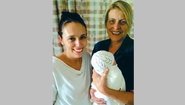 Ardern with her midwife Libby (right) posing with Ardernu2019s newborn baby girl, born at Auckland City Hospital on Thursday.