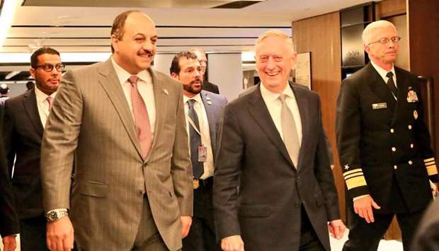 HE the Deputy Prime Minister and Minister of State for Defence Affairs Dr Khalid bin Mohamed al-Attiyah with US Defence Secretary James Mattis