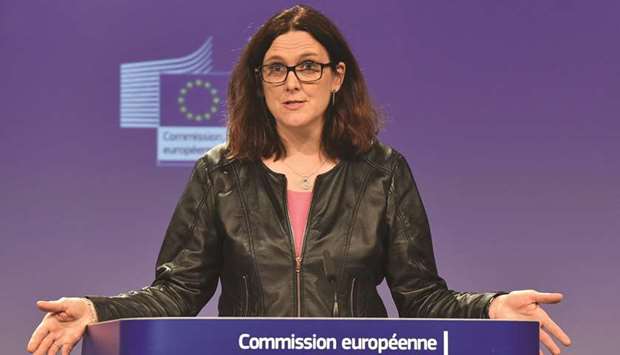 European Union Trade Commissioner Cecilia Malmstrom holds a news conference in Brussels. u201cWe are challenging today both the US and China at the WTO and it demonstrates that we are not choosing any sides. We stand for the multilateral system, for rules-based global trade,u201d Malmstrom said.