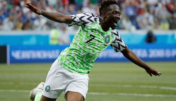 Ahmed Musa celebrates scoring  the second goal at World Cup Group D football match between Nigeria and Iceland at the Volgograd Arena in Volgograd.