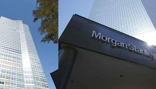Goldman Sachs Group headquarters in New York (left), and the corporate logo of Morgan Stanley is pictured on a building in San Diego, California. The investment banks had the two lowest capital levels by one key measure in stress test results released on Thursday by the Federal Reserve, threatening to limit how much cash theyu2019ll be able to return to shareholders through dividends and stock buybacks.