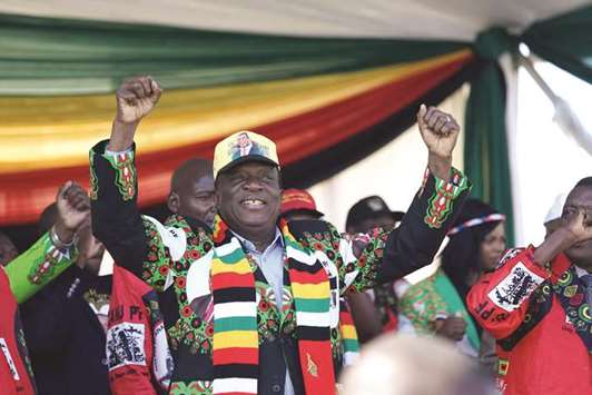 Zimbabweu2019s President Emmerson Mnangagwa addresses a rally in Bulawayo yesterday.
