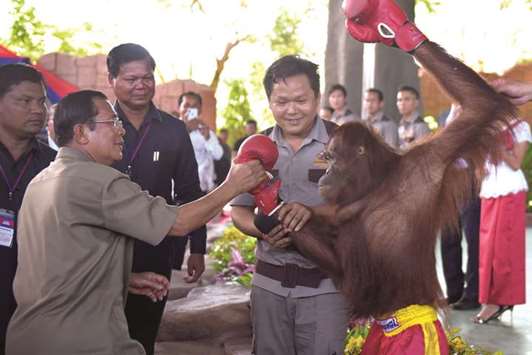 Cambodian Prime Minister Hun Sen holds an orangutan after a kickboxing performance during the inauguration of Phnom Penh Safari yesterday.
