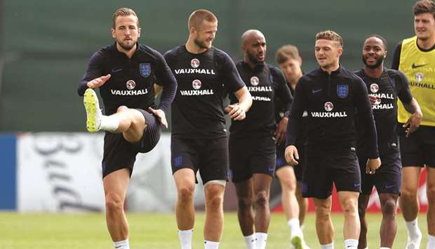 Englandu2019s Harry Kane (left) takes part in a training session with his teammates in Saint Petersburg, Russia. (Reuters)