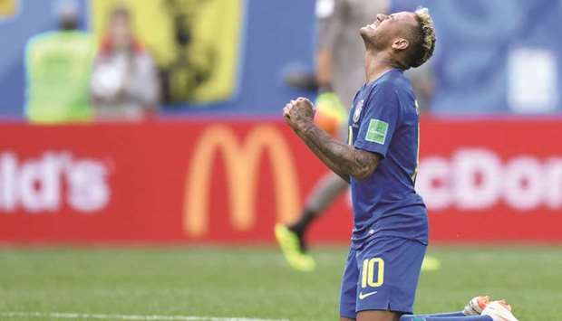 Brazil forward Neymar reacts after scoring against Costa Rica at the Saint Petersburg Stadium in Saint Petersburg on Friday.