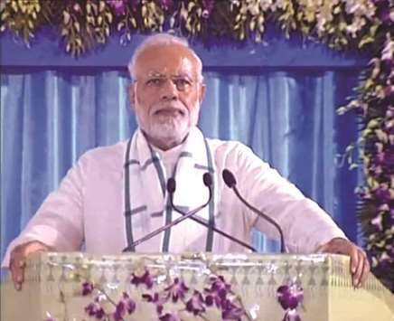 Prime Minister Narendra Modi speaks after unveiling urban development projects in Indore yesterday.