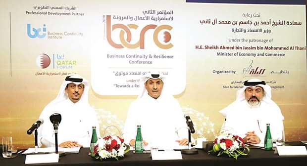 Al-Yafei together with al-Mana and al-Jaidah during a press conference to announce the u20182nd Business Continuity & Resilience Conferenceu2019 slated on November 19 in Doha. PICTURE: Jayan Orma
