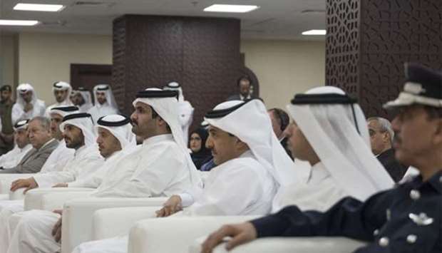 His Highness the Deputy Amir Sheikh Abdullah bin Hamad al-Thani along with a number of ministers and senior officials at the inauguration ceremony of the Institute of Criminal Studies on Sunday.