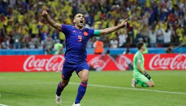  Colombia's Radamel Falcao celebrates scoring their second goal on Sunday.