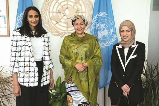 QF vice chairperson and CEO HE Sheikha Hind bint Hamad al-Thani and HE Qataru2019s permanent representative to the UN ambassador Sheikha Alia Ahmed bin Saif al-Thani flank UN Deputy Secretary-General Amina J Mohamed.