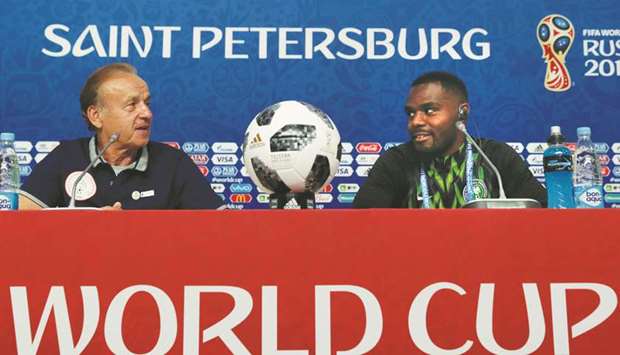 Nigeriau2019s coach Gernot Rohr (left) and player Bryan Idowu speak at a news conference in Saint Petersburg yesterday. (Reuters)