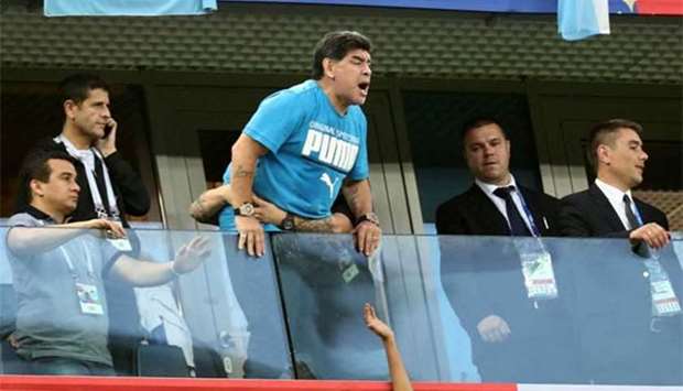 Diego Maradona is pictured in the stands during Argentina's World Cup game against Nigeria in Saint Petersburg on Tuesday.