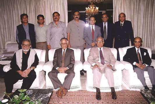 DISTINGUISHED: From left front row): Ashfaq Ahmed, Ahmed Nadeem Qasmi, Mian Afzal Hayat, the-then Ambassador of Pakistan, Mushtaq Yousufi and others in a photo taken at ambassadoru2019s residence in 1997. Photos supplied