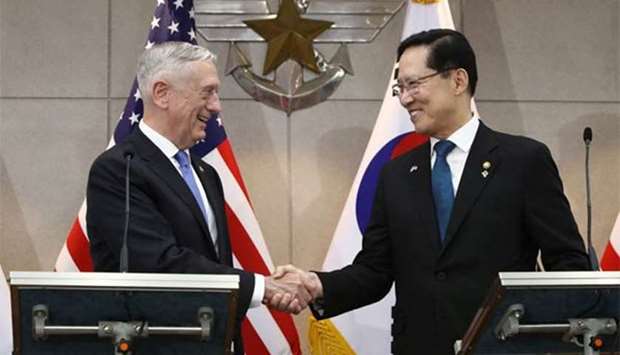 US Secretary of Defense James Mattis shakes hands with South Korean Defence Minister Song Young-moo before their meeting in Seoul on Thursday.