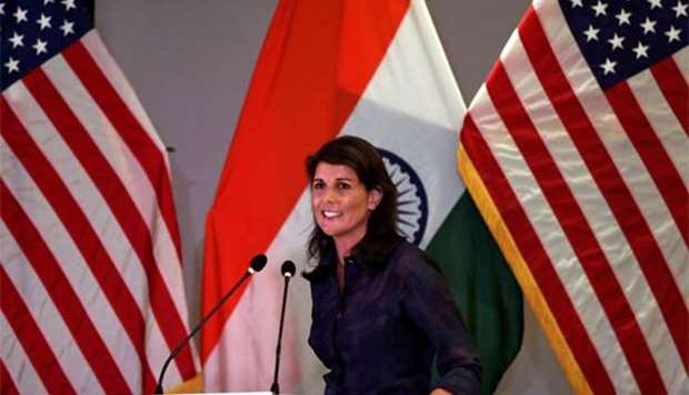 Nikki Haley addresses a gathering on advancing India-US relations, in New Delhi on Thursday.