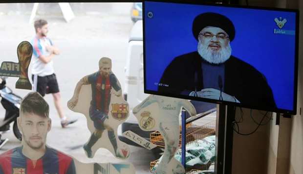 Lebanon's Hezbollah leader Sayyed Hassan Nasrallah is seen speaking on television in al-Ghaziyeh village, southern Lebanon.