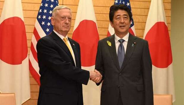 US Defense Secretary James Mattis is welcomed by Prime Minister Shinzo Abe in Tokyo on Friday.