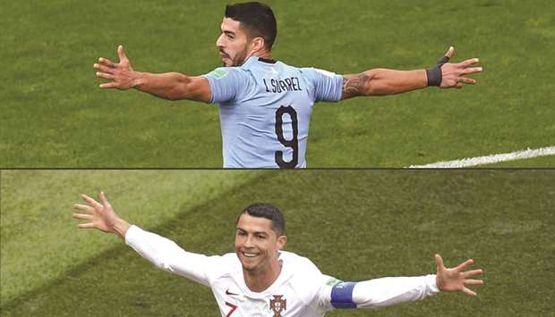 Uruguayu2019s Luis Suarez (Top) and Portugalu2019s Cristiano Ronaldo