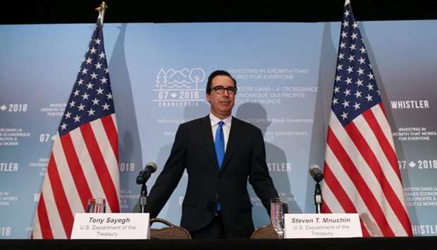 United States Secretary of the Treasury Steven Mnuchin arrives at a news conference after the G7 Finance Ministers Summit in Whistler, British Columbia, Canada.