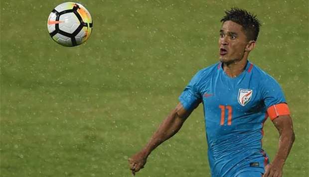 India captain Sunil Chhetri vies for the ball during the Hero Intercontinental Cup football match against Kenya in Mumbai on Monday.