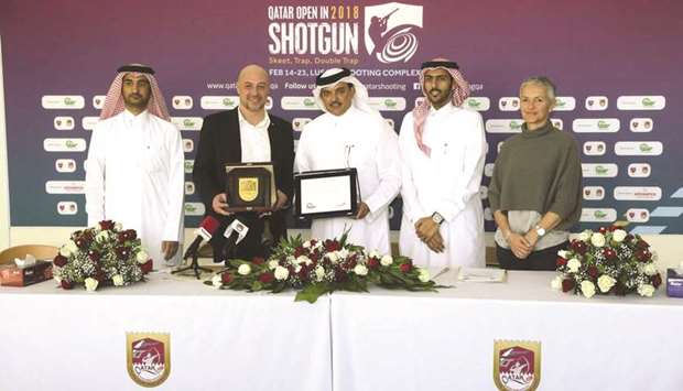 QSAA president Ali Mohamed al-Kuwari (centre) and Trap Concaverde president Ivan Karela (second from left) after the two organisations agreed on co-operation.
