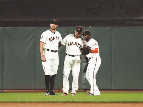 San Francisco Giants outfielders left fielder Hunter Pence, centre fielder Gorkys Hernandez and right fielder Andrew McCutchen during their MLB game against the Arizona Diamondbacks at AT&T Park in San Francisco. PICTURE: USA TODAY Sports