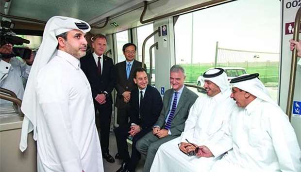 HE the Prime Minister and Interior Minister Sheikh Abdullah bin Nasser bin Khalifa al-Thani, HE the Minister of Transport and Communications Jassim Seif Ahmed al-Sulaiti, Qatar Rail managing director and CEO Abdulla Abdulaziz al-Subaie and other dignitaries during the Lusail tram ride.