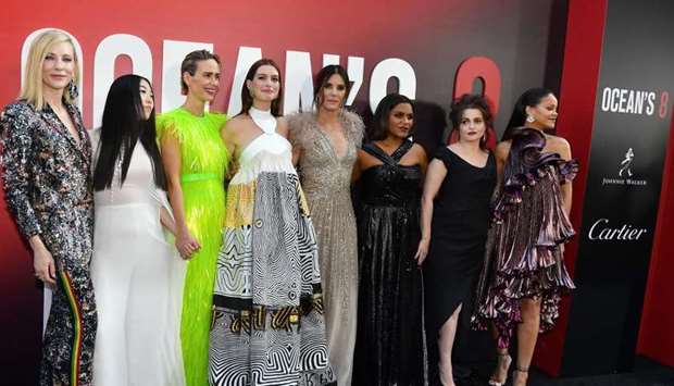 Members of the cast (fromL) Australian actress Cate Blanchett, rapper/actress Awkwafina, US actresses Sarah Paulson, Anne Hathaway, Sandra Bullock, Mindy Kaling, British actress Helena Bonham Carter and Barbadian singer/actress Rihanna attend the world premiere of Ocean's 8