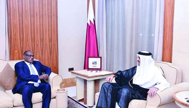 His Highness the Amir Sheikh Tamim bin Hamad al-Thani with Sudan's Minister of Foreign Affairs Dr Al Dirdiri Mohamed Ahmed in Doha on Thursday.