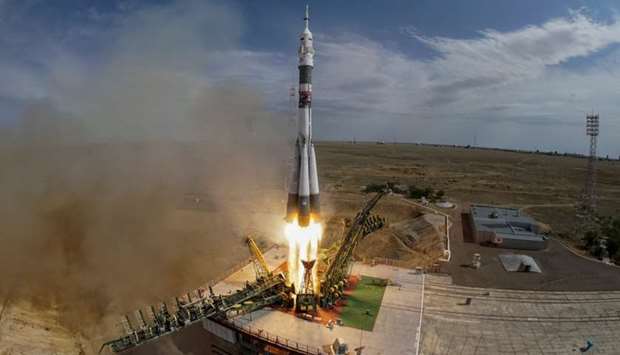 The Soyuz MS-09 spacecraft carrying the crew formed of astronauts Serena Aunon-Chancellor of the US, Alexander Gerst of Germany and cosmonaut Sergey Prokopyev of Russia blasts off to the International Space Station (ISS) from the launchpad at the Baikonur Cosmodrome, Kazakhstan on June 6, 2018.