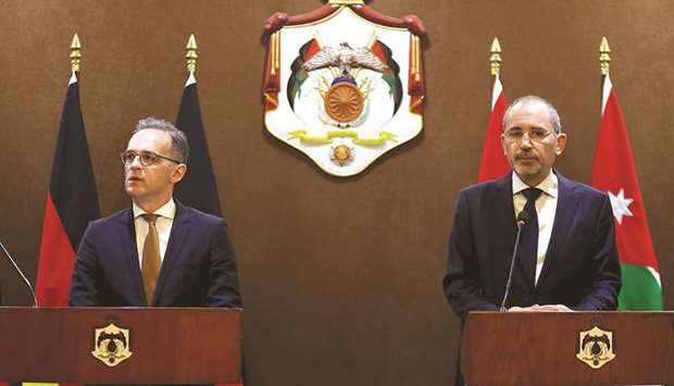 German Foreign Minister Heiko Maas (left) meets with his Jordanian counterpart Ayman Safadi, in Amman, yesterday.