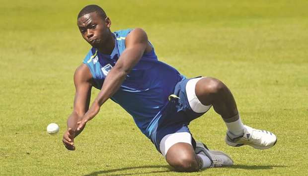 South Africau2019s Kagiso Rabada fields the ball during a training session at the Rose Bowl in Southampton, England, yesterday. (AFP)