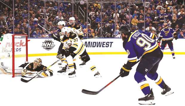 Ryan Ou2019Reilly of the St. Louis Blues scores past Tuukka Rask (left) of the Boston Bruins  during Game Six of the NHL Stanley Cup Final in St Louis, Missouri, on Sunday night. (AFP)